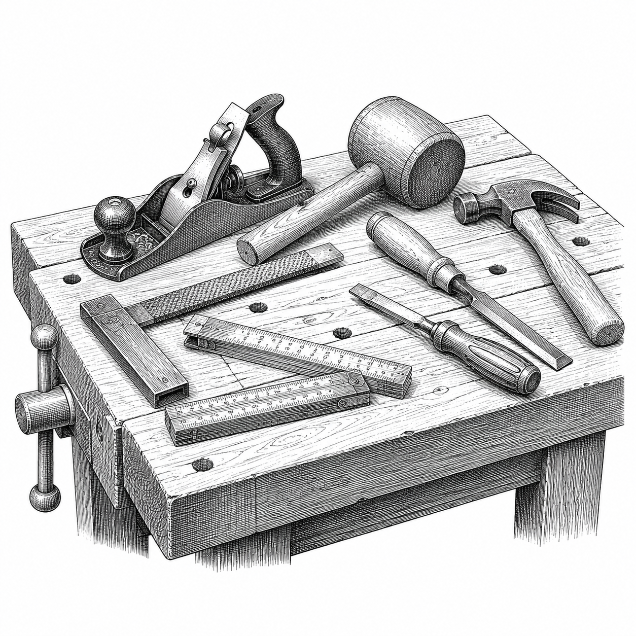 Carpentry tools arranged on a wooden workbench