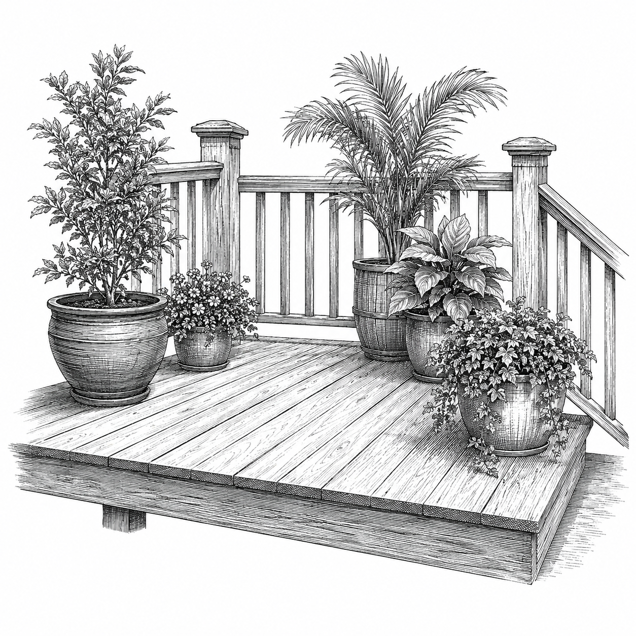 Wood deck with railing and potted plants