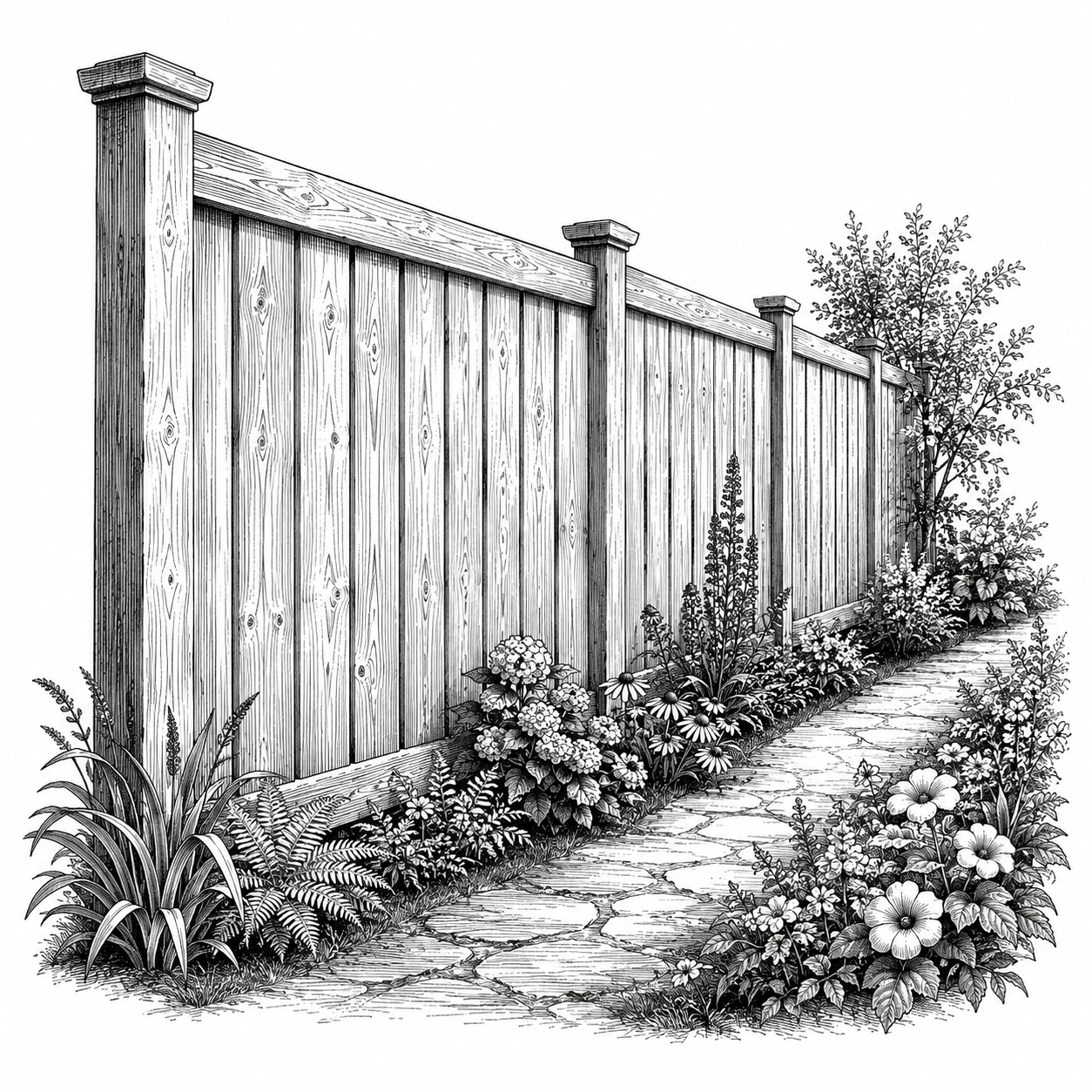 New cedar fence along a garden path