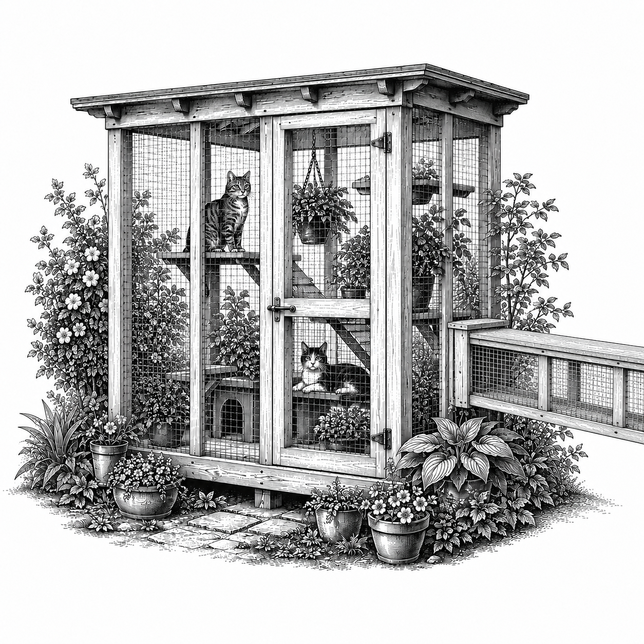 Cedar catio attached to the side of a house with plants inside