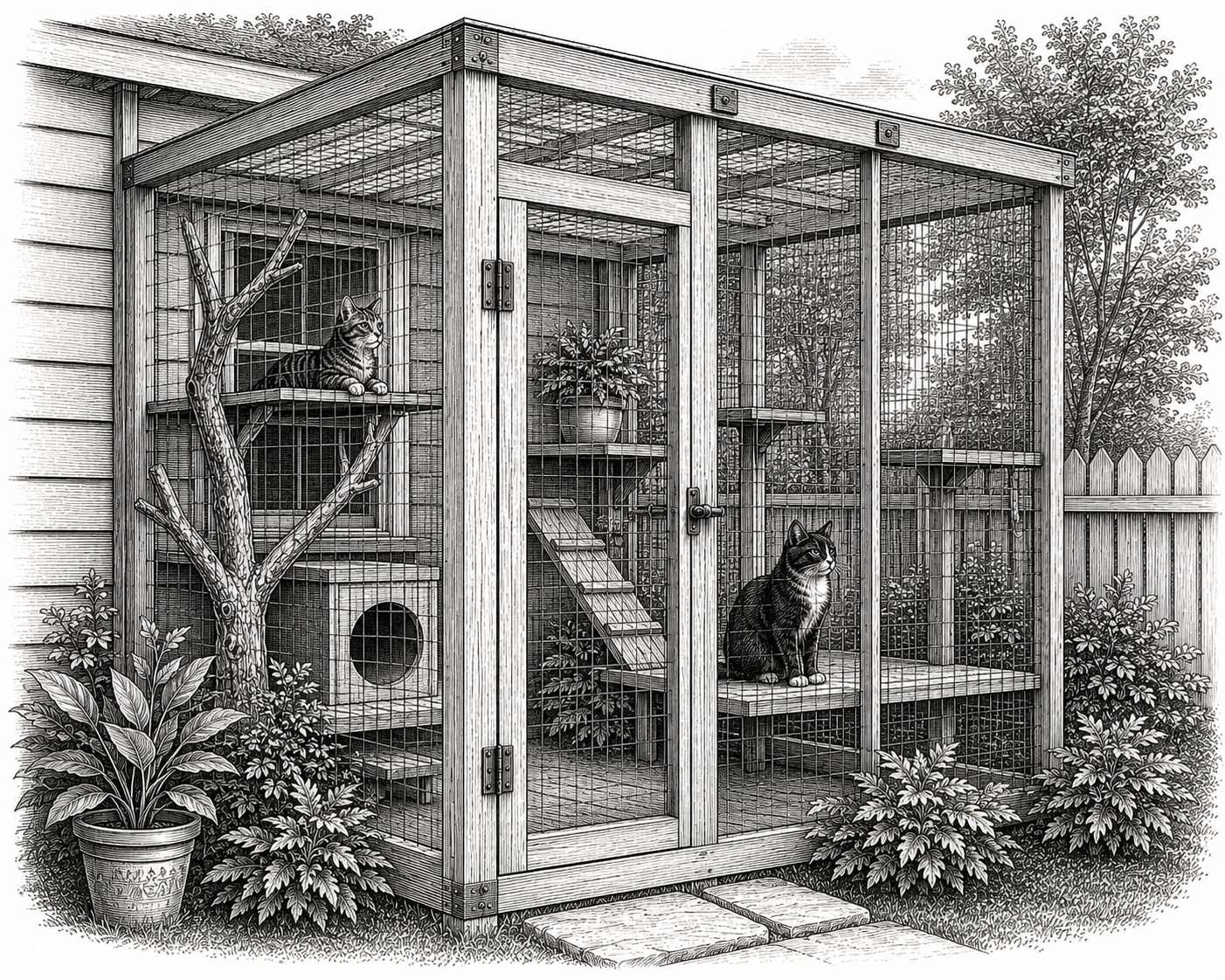 A cat sitting on a wooden shelf inside a custom catio with plants and wire mesh