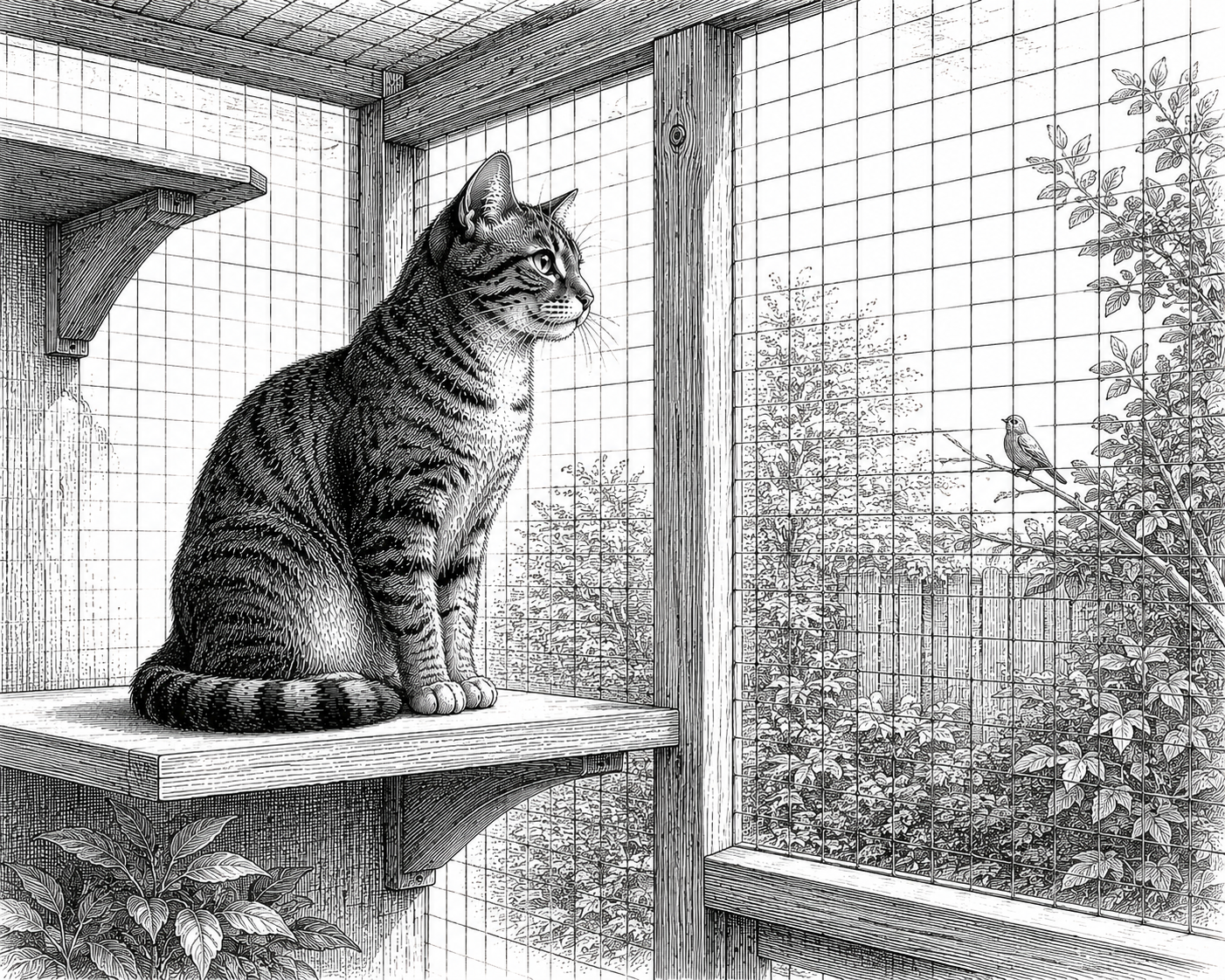 Cat sitting on a wooden shelf inside a catio