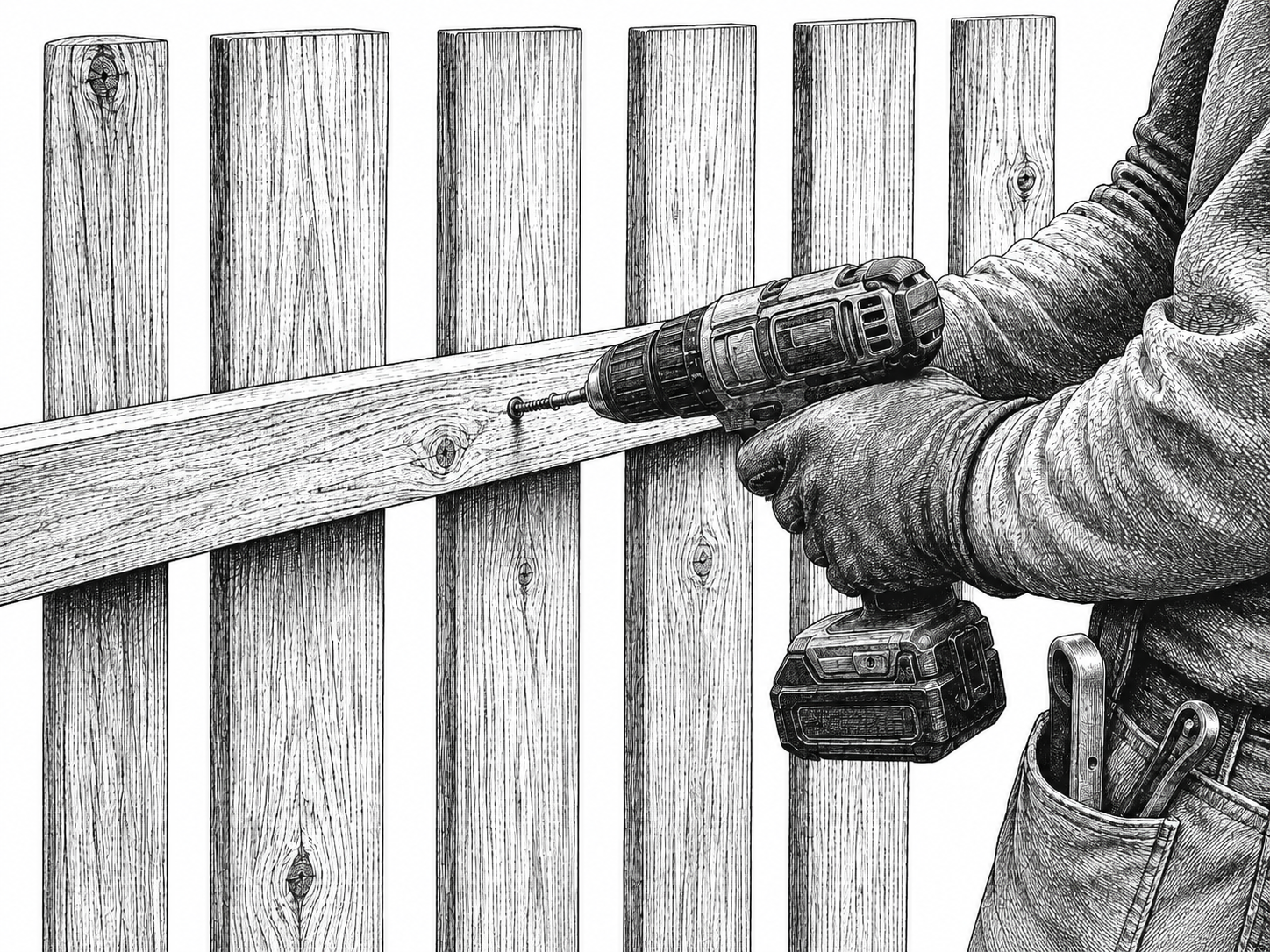 Drill repairing a wooden fence rail