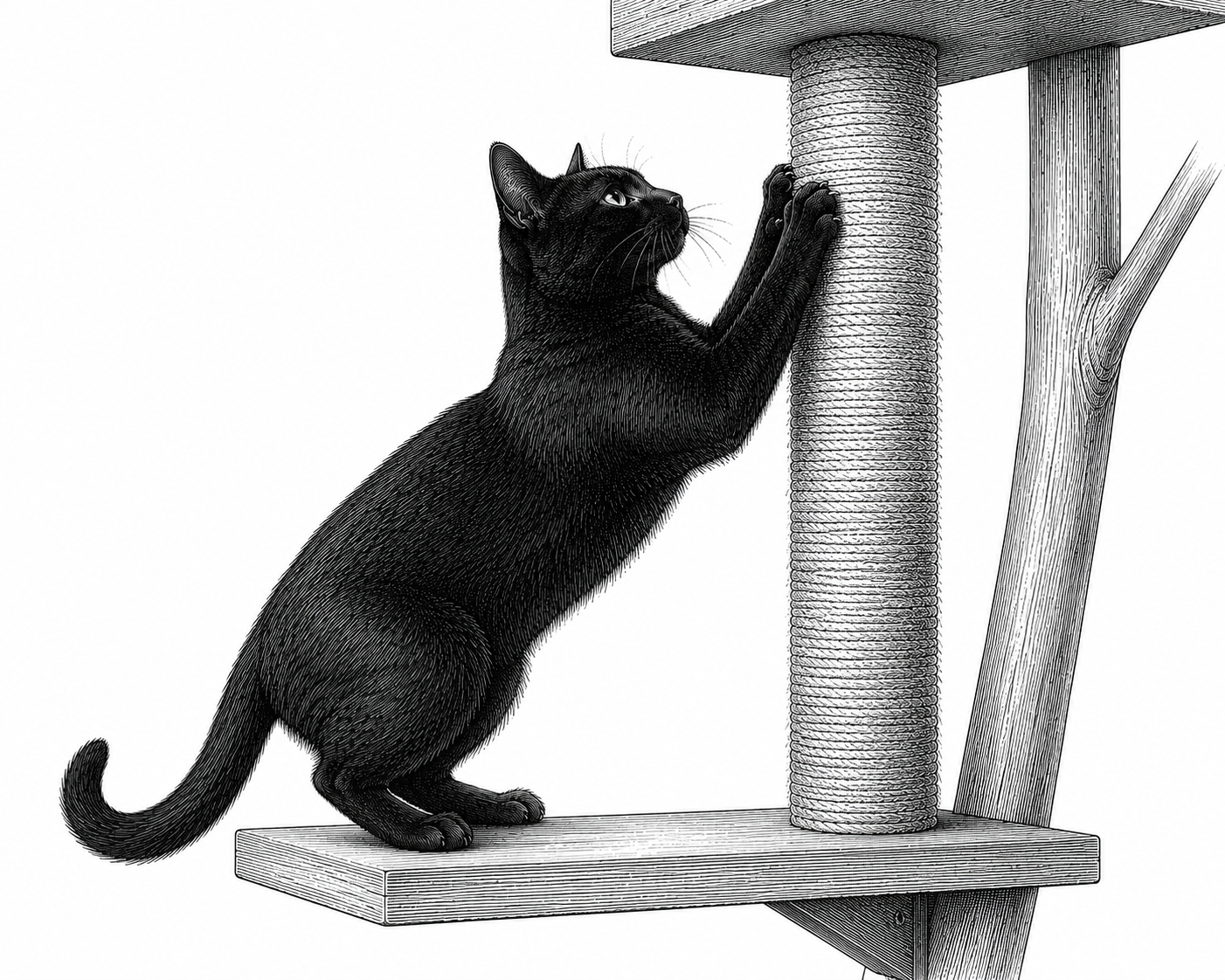 A black cat scratching a scratching post