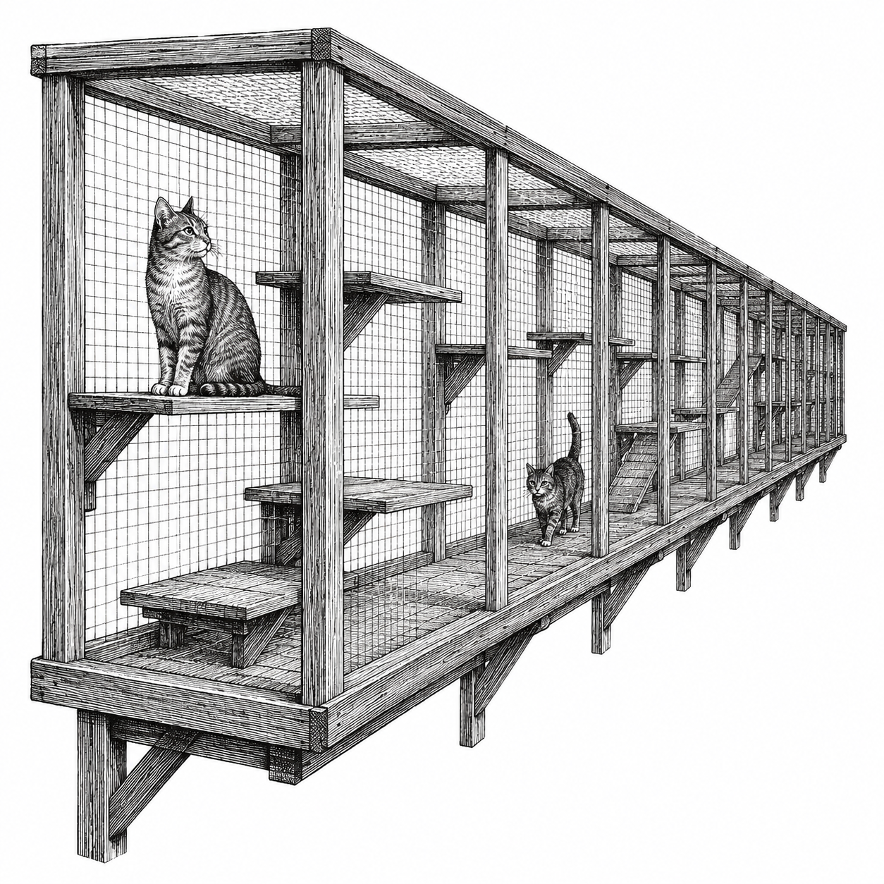 Long enclosed catio walkway with wood shelves and wire mesh